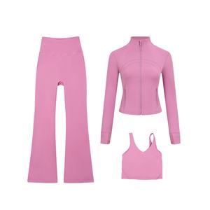 Leggings longs évasés, veste zippée intégrale, soutien-gorge sexy à col en U, vêtements de sport, entraînement respirant, ensemble de yoga 3 pièces, taille XL - Product Image 6