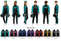 Conjunto de entrenamiento de porristas en negro y verde azulado: Chaqueta de porristas con pedrería personalizada y pantalones rectos para calentamiento y práctica.