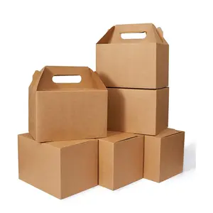 Caixa grande reciclável de papel Kraft Brown para almoço, caixas de presente com alças, papelão e gabarito