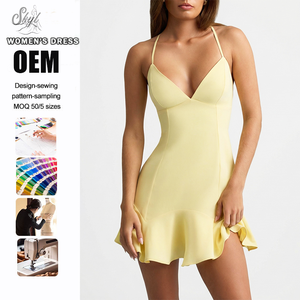 Abito Estivo Personalizzato da <span class=keywords><strong>Donna</strong></span>, Sexy, con Spalline Sottili, Mini Abito Aderente con Scollo a V Profondo, Senza Schienale, Allacciatura Posteriore, Vestibilità Slim, Orlo con Volant - Product Image 1