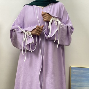 1446+6595#B 2 PCS New Popular <b>Set</b> Crepe Split Lace up Sleeves White Line Abaya Match Loose Sleeveless Inner Dress Abaya Dress - Product Image 2