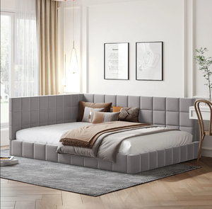 Rembourrage en velours gris élégant au design du milieu du siècle Canapé-<span class=keywords><strong>lit</strong></span> double de jour carré à dossier capitonné - Product Image 2