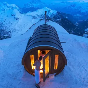 2022 sıcak satış kanada sedir/hemlock geleneksel buhar varil sauna odası dışında odun sobası panoramik cam sauna odası