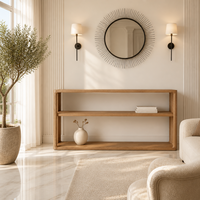Table console en bois massif artisanal de luxe haut de gamme avec deux compartiments longs et des formes courbes pour le salon ou l'entrée