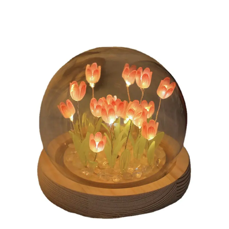 Decorative glass tulip lamp LED night light flower in glass dome mini size & gift sets for San Valentines 2023