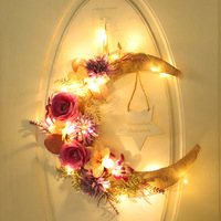 Décoration de porte pour le Ramadan, couronne de lune en forme de croissant avec fleurs artificielles et étoile, décoration de fête musulmane