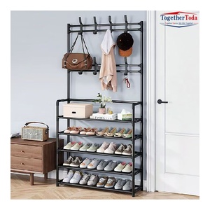 Étagère à chaussures et manteaux en acier personnalisable à plusieurs niveaux, étagère de rangement à 5 niveaux avec crochets muraux pour l'entrée - Product Image 1