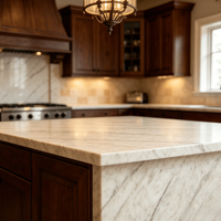 Meuble de cuisine modulaire sur mesure en bois massif avec évier, plan de travail en quartz beige veiné or, ignifuge, moderne, écologique, pour villa résidentielle