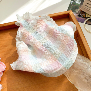 Bandeau à carreaux coloré bande de cheveux antidérapante écharpe triangulaire à bord de dentelle pastorale pour enfants - Product Image 5