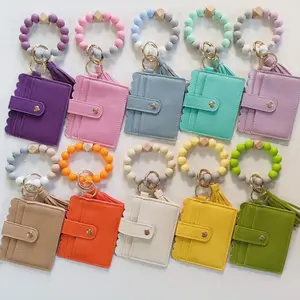 Factory Price Silicone Bead Bracelet Card Holder Wristlet Wallet Leather Tassel Keychain with Coin Purse