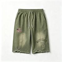 Shorts vintage délavés pour homme, vert olive, imprimé West Coast, coton épais, cordon de serrage, style streetwear usé