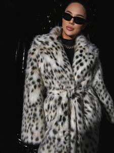 Giacca da Donna con Stampa Leopardata, Lunghezza Media, Colletto a Risvolto, Cappotto in Finta Pelliccia di Volpe, <span class=keywords><strong>Abbigliamento</strong></span> Femminile Allungato - Product Image 4