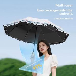 Parapluie de soleil pliant de luxe en pongee frais, imprimé floral, avec bordure en dentelle, revêtement noir, ouverture manuelle à trois volets, fermoir annulaire, pour femme - Product Image 3