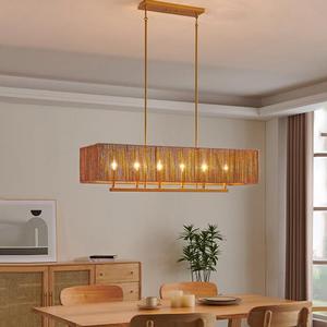 Lustre rectangulaire en corde de style japonais, 110 cm, lumière LED chaude, pour restaurant, salon de thé, maison d'hôtes - Product Image 1