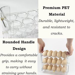 กล่องเก็บไข่พลาสติก PET สำหรับใช้ในครัวเรือน แบบใช้ซ้ำได้ 3 ชั้น 30 ช่อง กล่องจัดระเบียบไข่ในตู้เย็นแบบพลิกได้ - Product Image 4