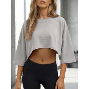 Top Corto para Mujer, Manga Corta, Hombros Caídos, Corte Holgado, Ligero, Gris, para Yoga, Cuello Redondo, Algodón, Verano, Casual - Product Image 3