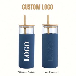 Gobelets en verre personnalisés en gros de 500 ml/600 ml/700 ml avec manchons de protection en silicone, couvercles en bambou et pailles sans BPA - Product Image 3