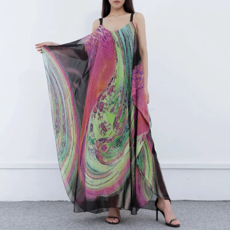 एन्यामी कस्टम महिला वस्त्र निर्माता थोक बोहो ग्रीष्मकालीन शिफॉन सुंड्रेस मैक्सी एथनिक प्रिंट बुना लंबी पार्टी ड्रेस