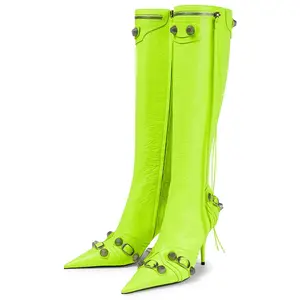 Plus Size Trendy Ladies Shoes Stiletto Heel Pointed Toe Winter Long Boots Studs Side Zipper Women Knee High Boots