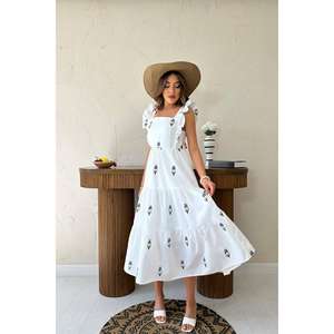 Robe trapèze sans manches bleu marine à volants et dos nu, taille naturelle, en tissu respirant, pour usage quotidien décontracté, vente en gros - Product Image 5