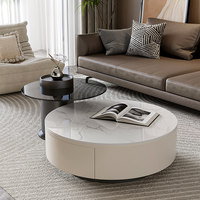 Table basse en métal avec plateau en pierre, espace de rangement, design moderne et minimaliste pour salon, maison, petit appartement, blanc crème