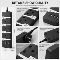 Regleta de alimentación industrial estándar del Reino Unido de 10 A con 3 puertos USB-A, cable de extensión con enchufe EU/US para uso doméstico/oficina
