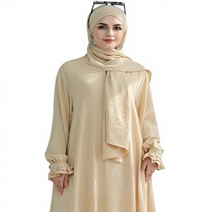 Women Beige <b>Abaya</b> Long Sleeve Maxi Dress With Ruffle Cuffs Solid Color Modest Daily Wear Middle East Style Cotton Loose Fit - Product Image 1