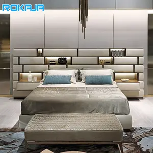 Modern Bedroom Furniture King Size Bed Leather Cushion Wide Headboard With Storage Shelf Villa Hotel Luxury Double Adult Beds
