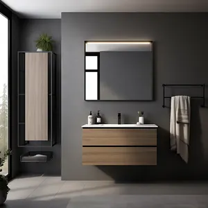 Tocador de baño de madera montado en la pared, moderno conjunto de armarios de espejo con lavabo para hotel y apartamento, armario de baño