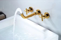 Robinet de lavabo mural encastré moderne de luxe doré à capteur sans contact, monotrou en laiton céramique poli, fixation 3 trous