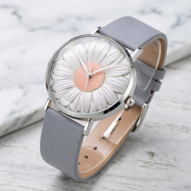 Lady's Luxury Fashion Watch 3D Sculpted Daisy Analog Minimalist Miyota Quartz Stainless Steel Case Genuine Leather Strap