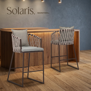 Tabouret de bar en corde de rotin avec structure métallique et assise rembourrée, pour intérieur et extérieur - Product Image 3