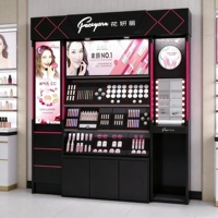 Exhibidor de Piso de Madera Todo en Uno con Luz LED, Letrero Publicitario, Espejo de Maquillaje y Cajones para Exhibición de Cosméticos en Tiendas
