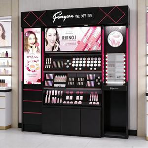 Vitrine de présentation tout-en-un en bois avec éclairage LED, panneau publicitaire, miroir de maquillage et tiroirs pour stand de cosmétiques de vente au détail - Product Image 1