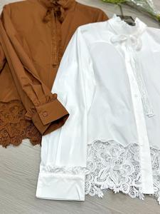 Camicie Nuove di Alta Qualità Primavera Estate 2026 Blusa Donna Sexy in <span class=keywords><strong>Tulle</strong></span> Ricamato con Pizzo Patchwork Manica Lunga Bianco Kaki - Product Image 5