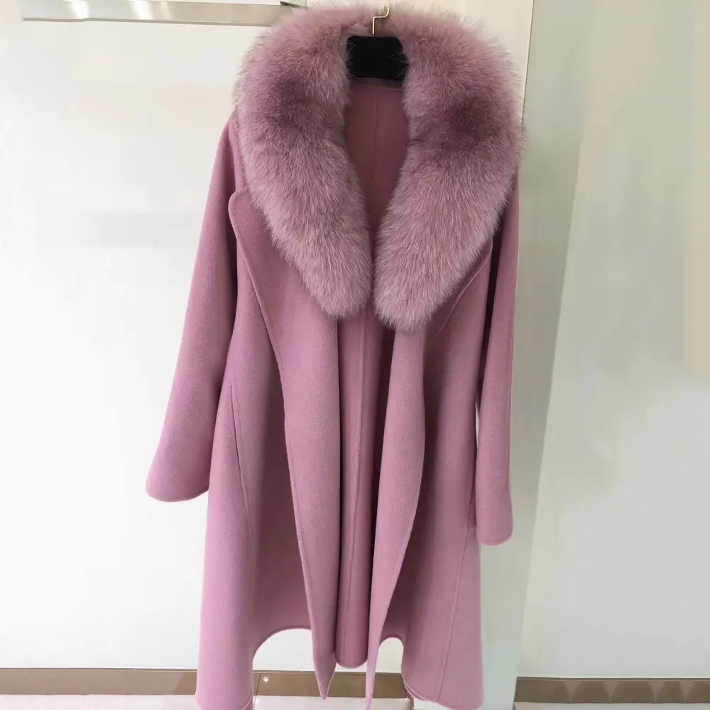 ファッション冬暖かいファーコートアウター女性カシミアウールロングコート取り外し可能なフォックスファー襟付き
