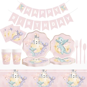 DAMAI - Juego de Vajilla Desechable con Diseño de Dinosaurios, Platos de Papel con Diseño de Castillo Rosa, Servilletas y Pancarta para Fiestas - Product Image 2