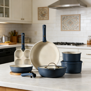 Ensemble de casseroles en céramique antiadhésives légères et durables avec poignée amovible, 3 pièces, compatibles avec tous les types de cuisinières, avec couvercle en verre - Product Image 1