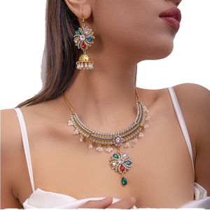Wholesale Vintage Gold Plated Middle Eastern Tikka Indian Pakistani Tassel Pearl Bride <b>Beaded</b> Stone Choker Necklace Earring <b>Set</b> - Product Image 1