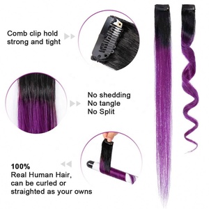 Extensions de cheveux à clips Remy de 18 pouces, 100% cheveux humains naturels, 1 pièce, lisses, mèches colorées, postiches à clips - Product Image 4