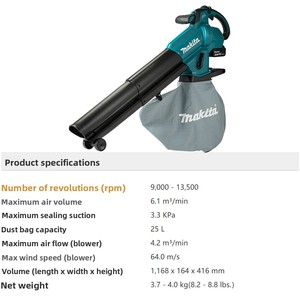 <span class=keywords><strong>Souffleur</strong></span>-<span class=keywords><strong>aspirateur</strong></span> sans fil <span class=keywords><strong>Makita</strong></span> DUB187Z <span class=keywords><strong>18V</strong></span> LXT sans balais 25L, outil de nettoyage de jardin et broyeur de feuilles - Product Image 6