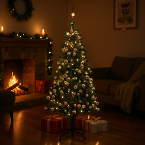 Sapin de Noël artificiel pré-éclairé Rose de 82,7 pouces avec cônes de pin, lumières LED chaudes, base sur pied pour intérieur - Product Image 2