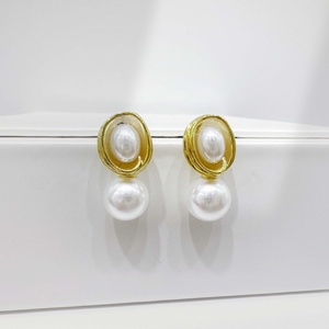 custom Luxury women 18k gold plated pearl earring vintage ladies elegant round party geometric korean minimalist stud earrings - Product Image 5
