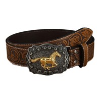 Ceinture en cuir PU style western américain avec boucle rétro en alliage, motif herbe à cheveux de biche, tête de cheval et tête de veau à longue corne embossées