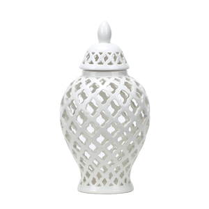 Elegante Recipiente de Cerámica Perforado con Patrones Ornamentales Recortados y Acabado Blanco Brillante para Centro de Mesa Curado - Product Image 1