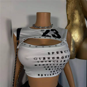 Letter Print Skinny Vest Women O-Neck Off Shoulder Sexy Hollow <strong>Cleavage</strong> Hot Girls Fashion Street Wild Style Skinny <strong>Tops</strong> - Product Image 5