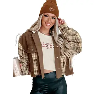 Unique Design Plaid Patchwork Distressed Hooded Casual Crop Top Jackets for Women