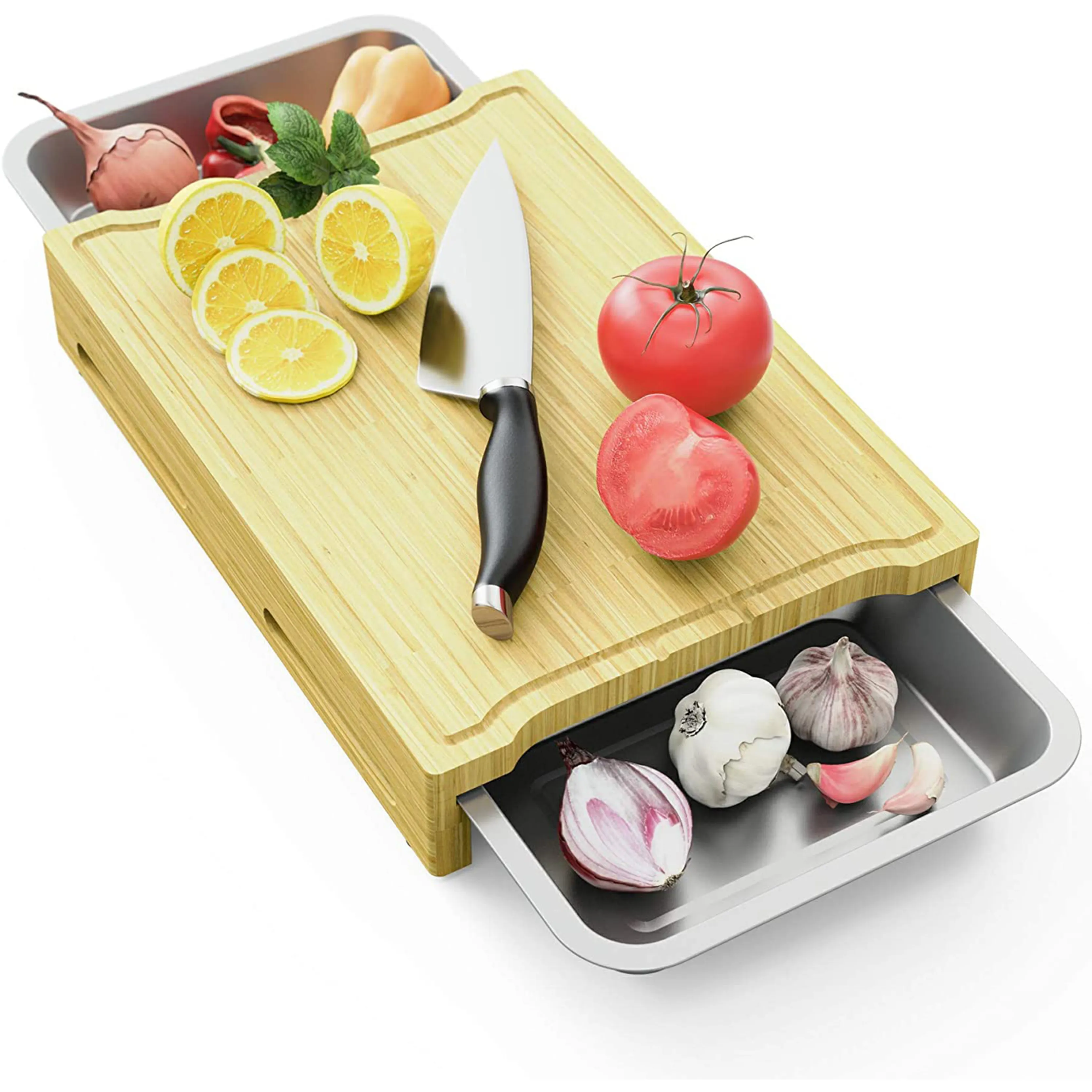 Chopping Bamboo Cutting Boards Custom Kitchen Stainless Steel Bamboo Wood Chopping Cutting Board Set With Containers Tray
