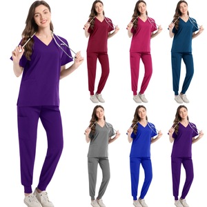 V-Neck Zip-Up Top And Jogging Pants Set Moisture Wicking Split Uniform Women Hospital Scrubs - Product Image 1
