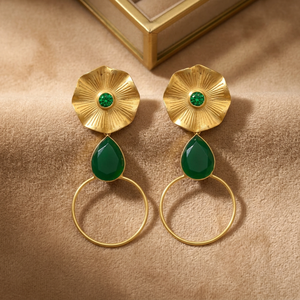 Gold Plated Brass Ethnic Drop Green <b>Onyx</b> <b>Earrings</b> for Engagement Wedding Party Handmade - Product Image 2